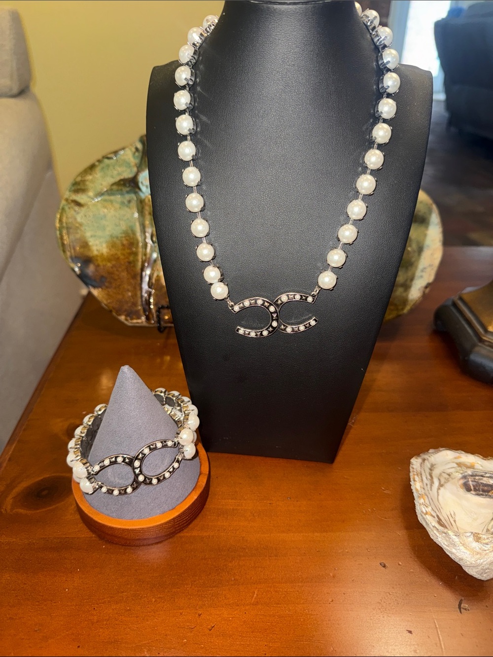 Pearl Beaded Necklace & Bracelet Set with Crystal-Accented Double Loop